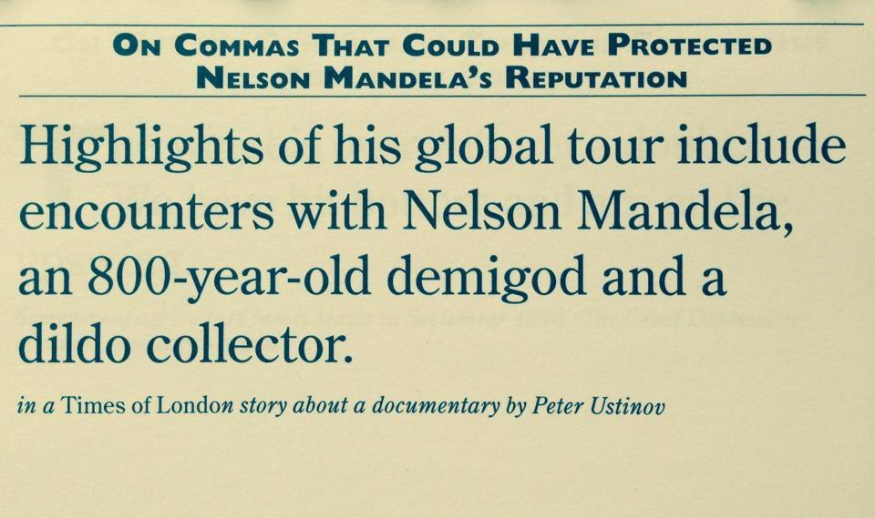 한 다큐멘터리에 관한 Times of London 기사의 일부. 넬슨 만델라를 딜도 수집하는 800살의 반신반인으로 만들었습니다.